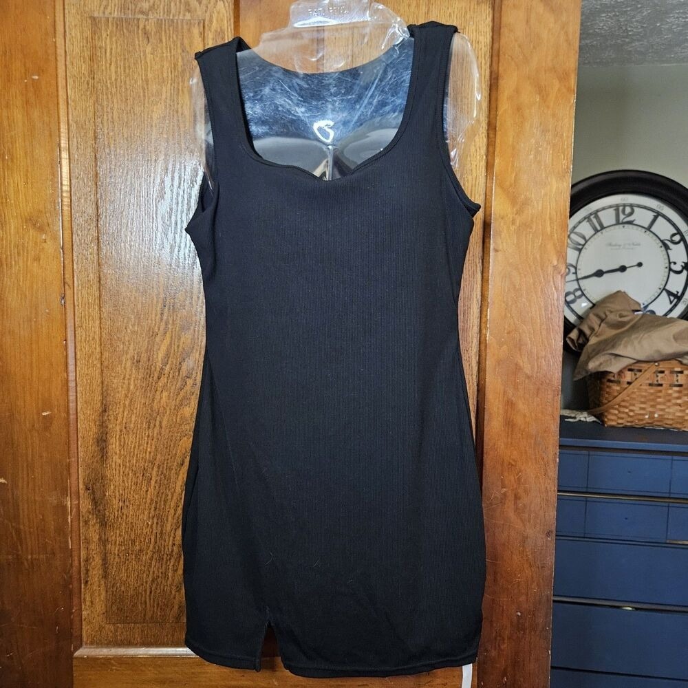 Dokuritu Ribbed Bodycon Mini Dress Women Small Black Sleeveless Split Hem New